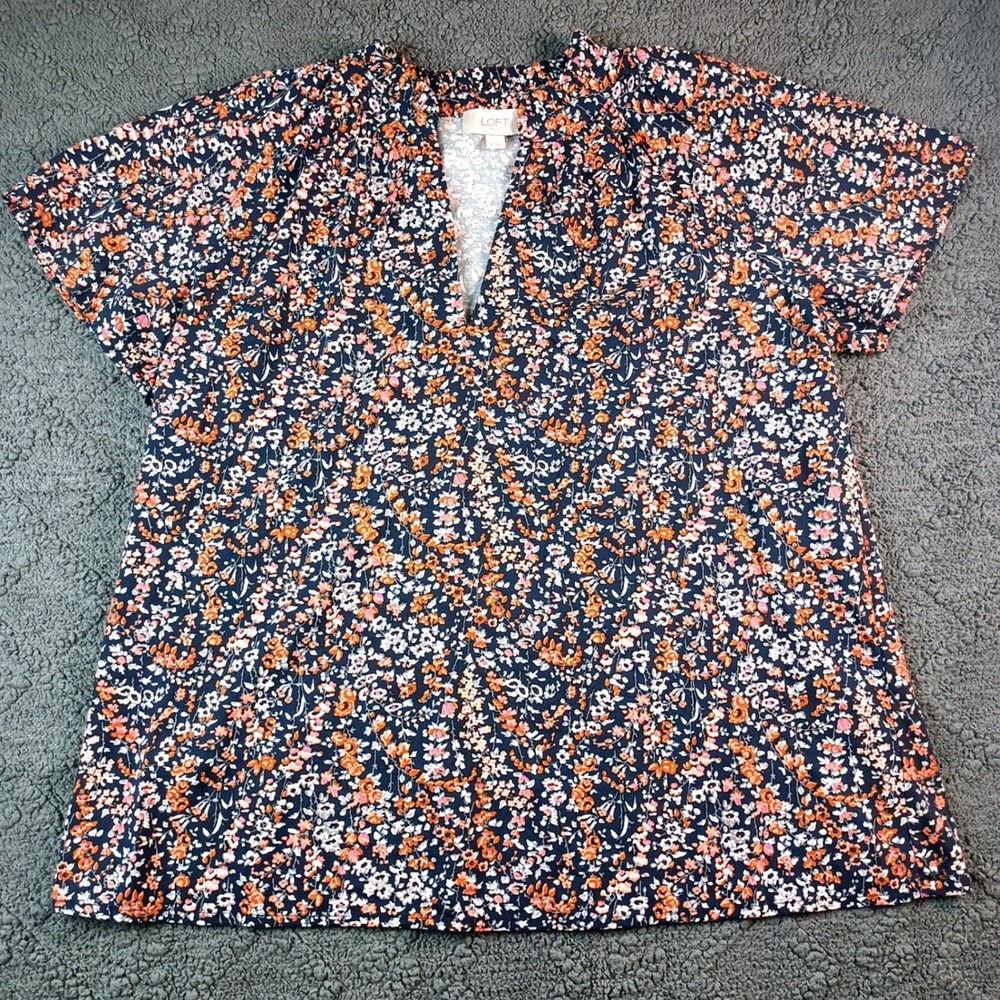 LOFT Women's Small Navy Blue Orange Ditsy Floral Split Neck Ruffle Blouse